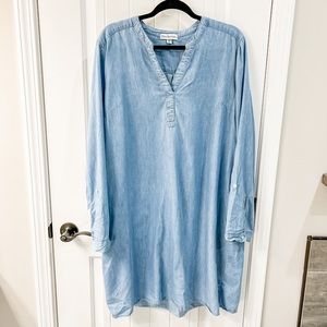 Kim Rogers Chambray V Neck Roll Tab Sleeve Denim Dress Size XL